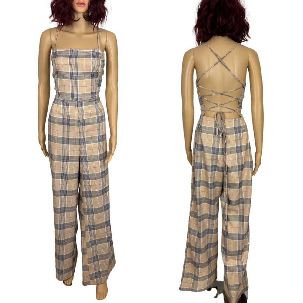 Plaid Jumpsuit Women XL Tan Lace Up Back Wide Leg Preppy Academia 90s Minimalist